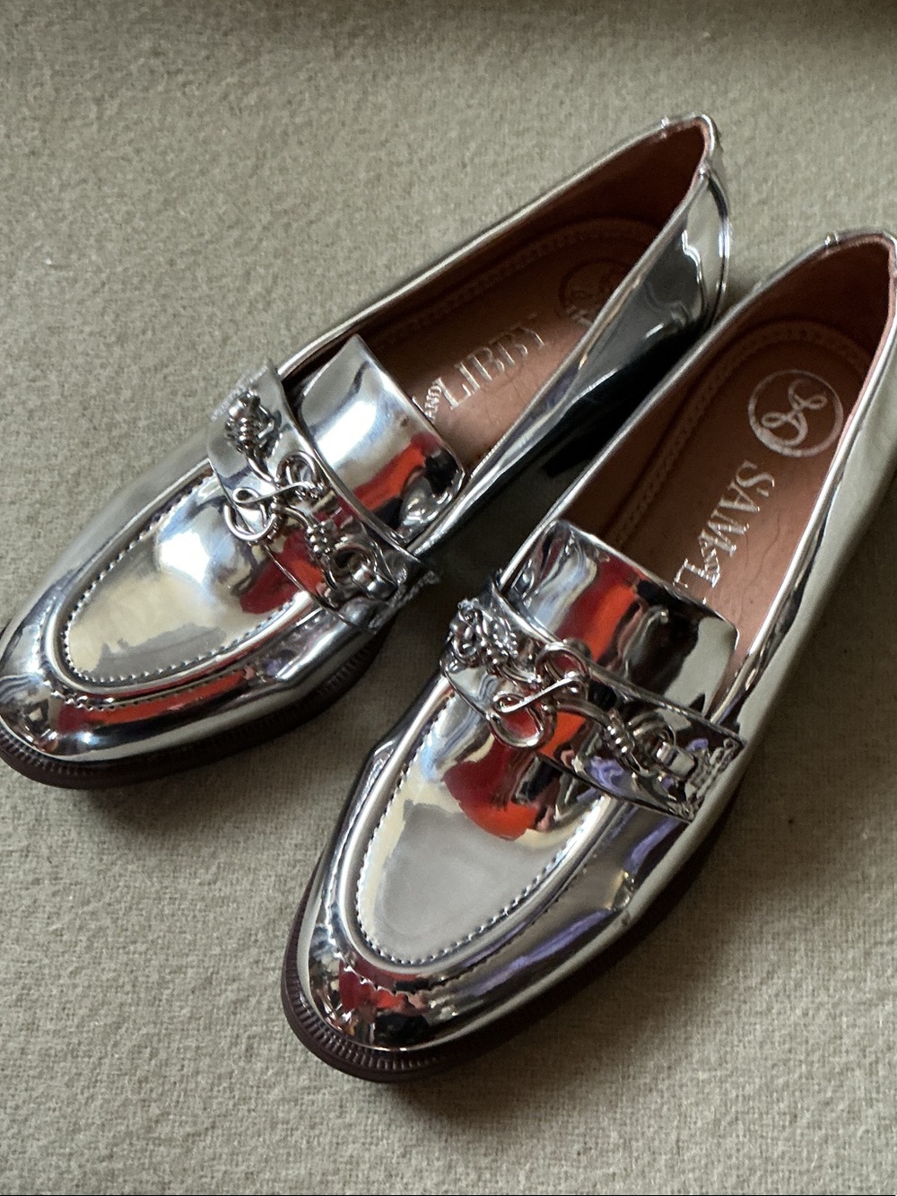Sam & Libby Metallic Silver Chain-Detail Loafers